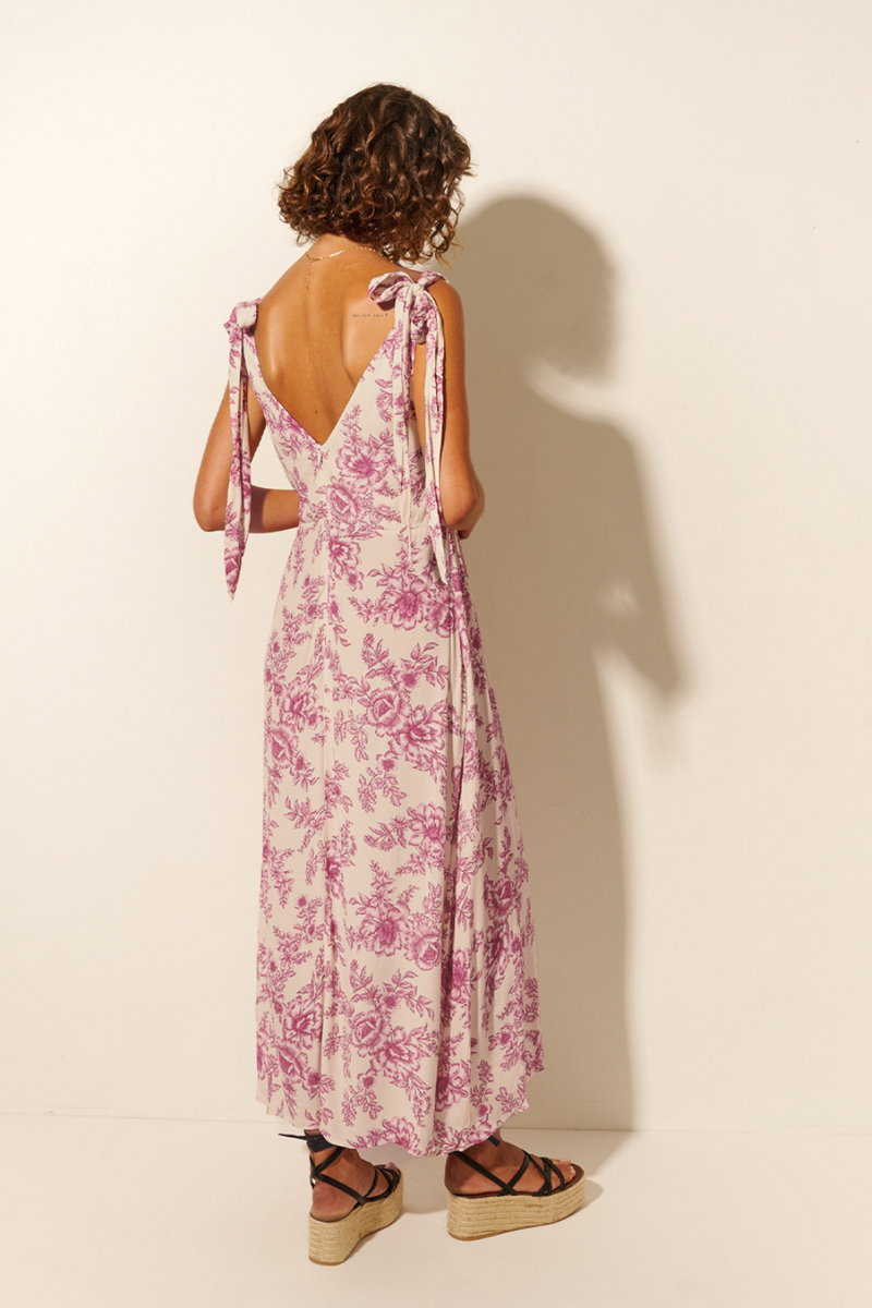 Maeve Tie Shoulder Midi Dress - Magenta Floral