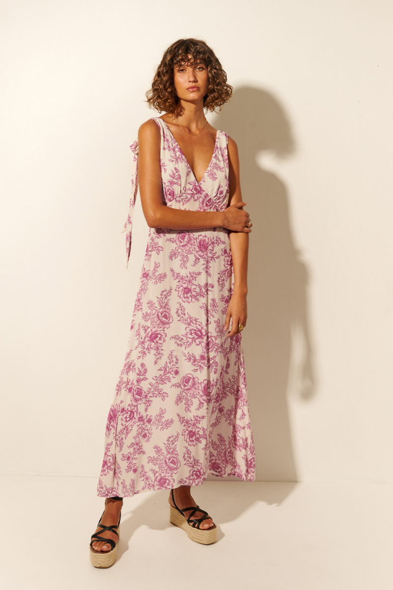 Maeve Tie Shoulder Midi Dress - Magenta Floral