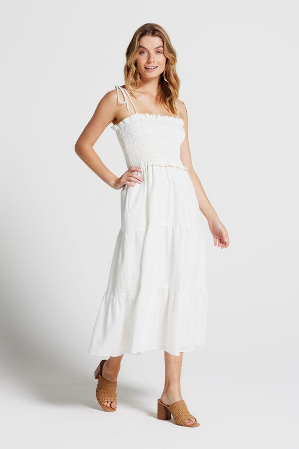 Isabella Linen Shirred Midi Dress