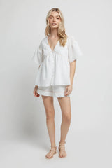 Chiara Linen Babydoll Top - White/Beige