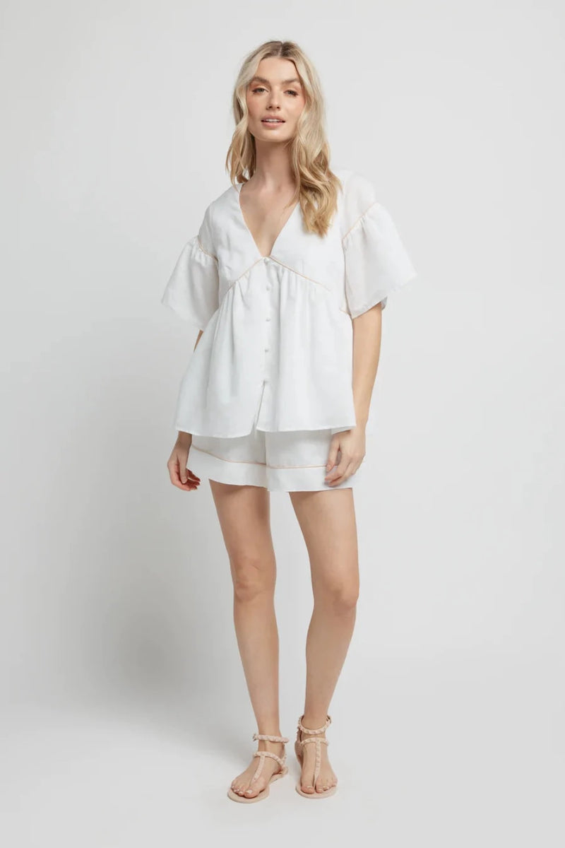 Chiara Linen Babydoll Top - White/Beige