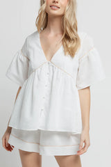 Chiara Linen Babydoll Top - White/Beige