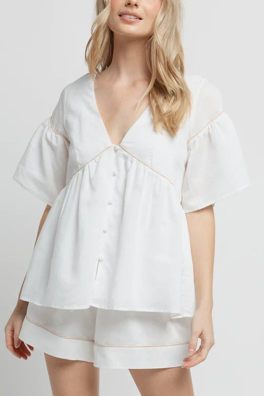 Chiara Linen Babydoll Top - White/Beige