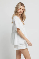 Chiara Linen Babydoll Top - White/Beige