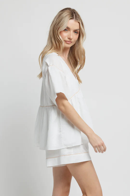 Chiara Linen Babydoll Top - White/Beige