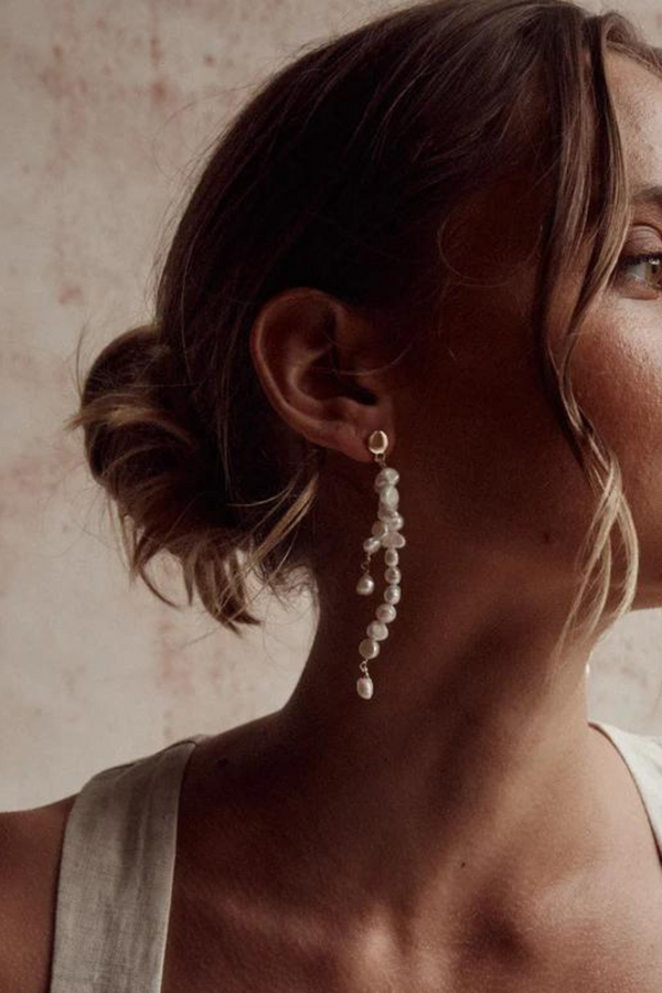 Double Pearl Drop White Stud Earrings - Gold