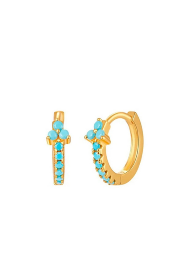 Turquoise Flower Hoop Earrings - Gold