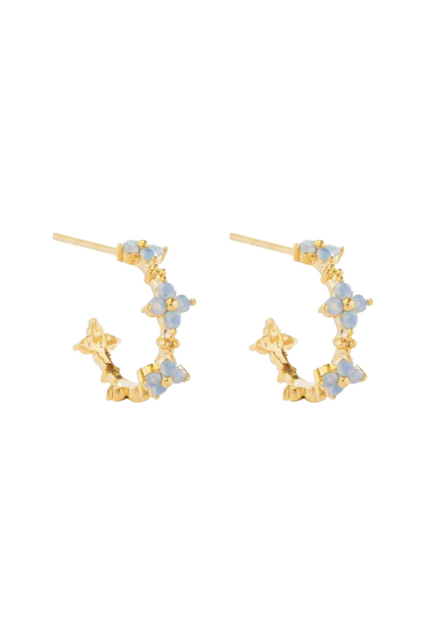 Baby Blue Flower Hoop Earrings - Gold