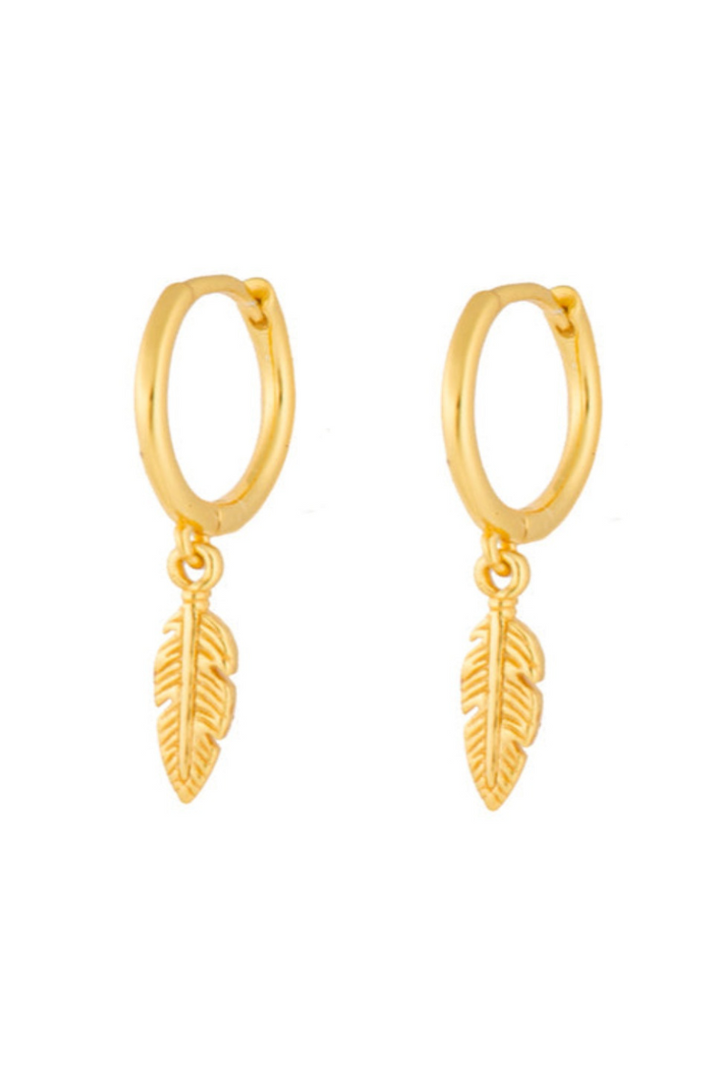 Feather Dangle Hoop Earrings - Gold