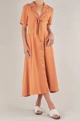 Ines Linen Tie Front Dress - Burnt Orange