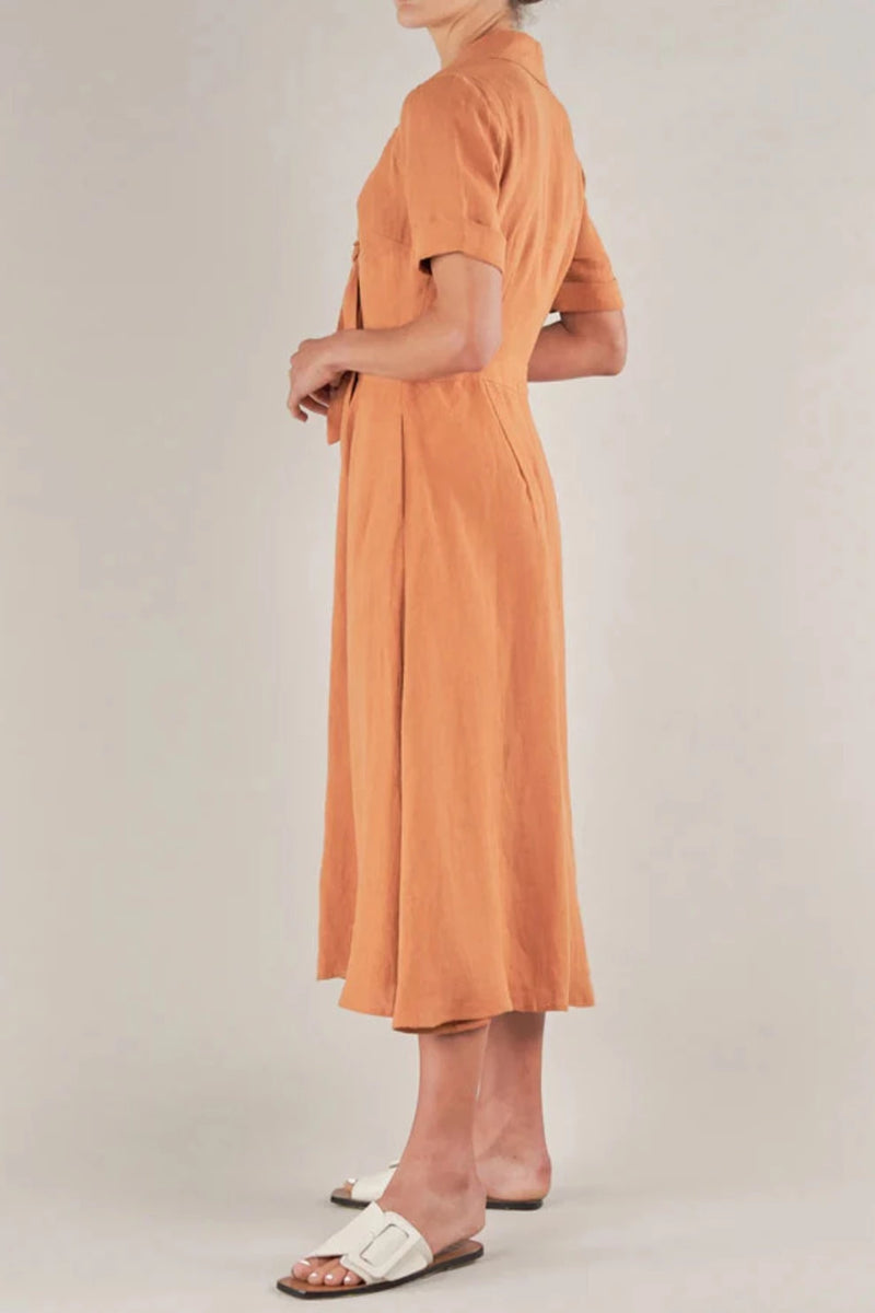 Ines Linen Tie Front Dress - Burnt Orange