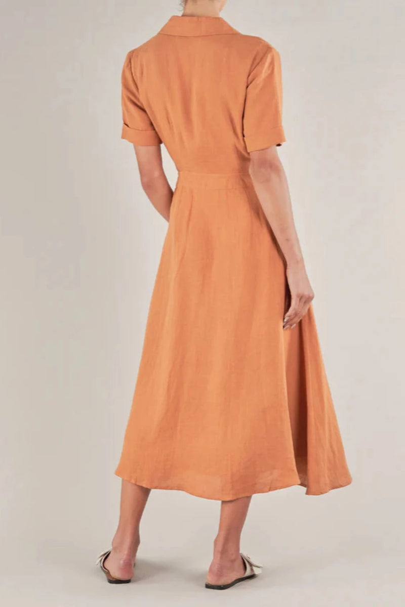 Ines Linen Tie Front Dress - Burnt Orange