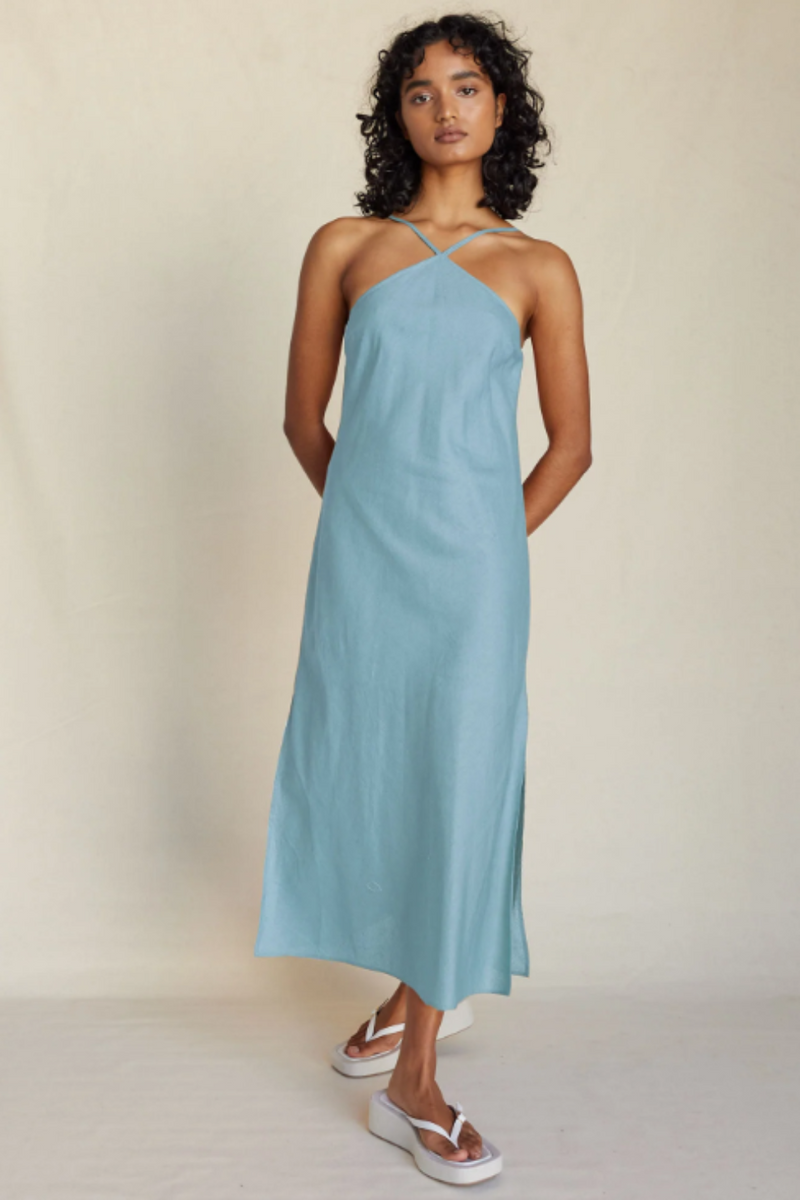 Krisha Linen Halter Midi Dress - Duckegg