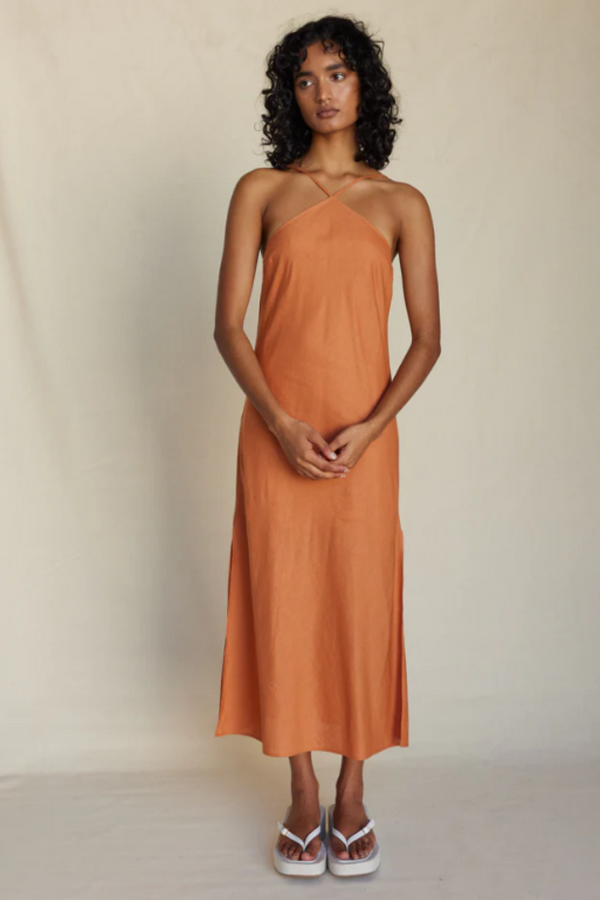Krisha Linen Halter Midi Dress - Burnt Orange