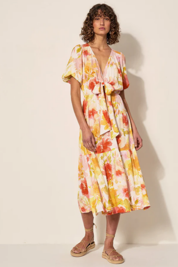 Genevieve Tie Front Midi Dress - Watercolour Floral