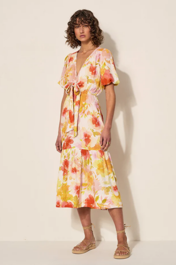Genevieve Tie Front Midi Dress - Watercolour Floral