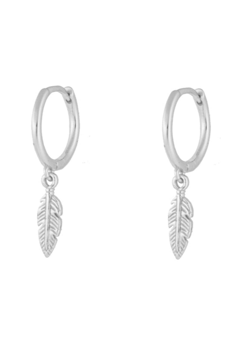 Feather Dangle Hoop Earrings - Silver